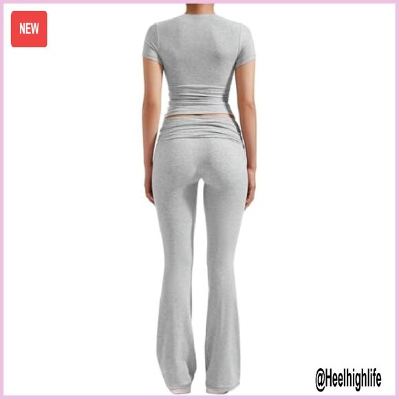 Rayon Spandex Crop Top Flare Pants Workout Set Women's Casual Streetwear - Picture 5 of 8